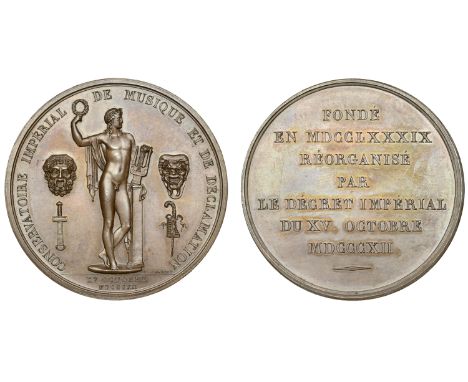 Réorganisation du Conservatoire de Musique, 1812, a copper medal by R. Dumarest, Apollo holding lyre and leaning on column, m