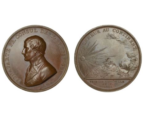 Peace of Lunéville, 1801, a copper medal by J.-P. Droz, uniformed bust of Napoleon left, rev. sun shining on globe, France at