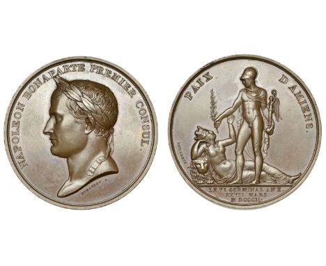 Peace of Amiens, 1802, a copper medal by R. Dumarest, laureate bust of Napoleon left, rev. Napoleon standing naked in imitati