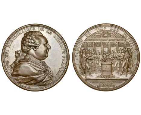 Abolition of Privileges, 1789, a copper medal by B. Duvivier and N. Gatteaux, bust of Louis XVI right, rev. members of the Na