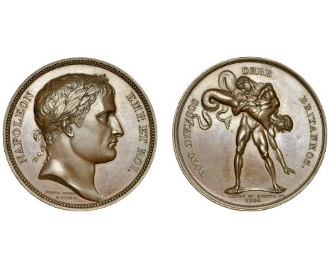 Blockade of England, 1806, a copper medal by J.-P. Droz and R. Jeuffroy, laureate bust of Napoleon right, rev. Hercules lifts