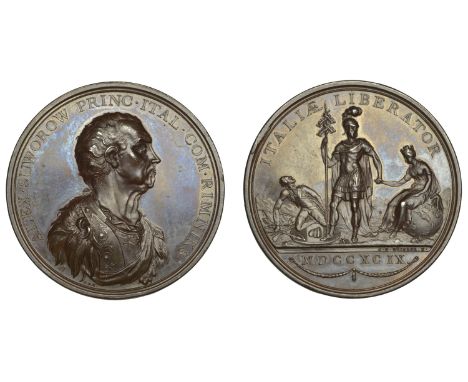 RUSSIA, Count Alexander Suvorov, 1799, a copper medal by C.H. Küchler, armoured and draped bust right, rev. warrior standing,