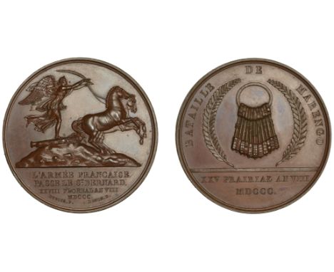 Battle of Marengo, AN 8 [1800], a copper medal by E.J. Dubois, Victory standing right on cannon, driving two horses over moun