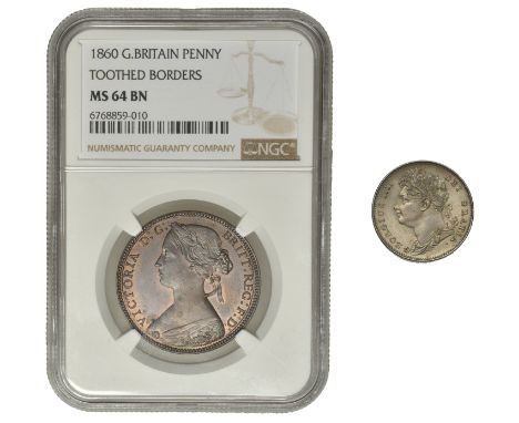 Victoria, Penny, 1860, toothed borders (F 10; BMC 1625; S 3954), together with an 1822 Farthing [2]. First almost as struck, 
