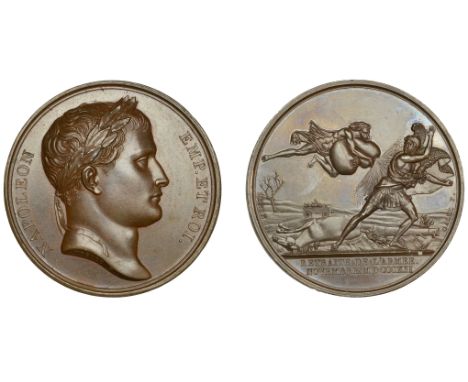 Retreat from Russia, 1812, a copper medal by B. Andrieu and A. Galle, laureate bust of Napoleon right, rev. French warrior in