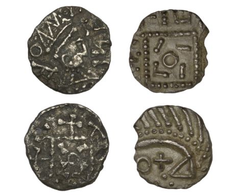 Early Anglo-Saxon Period, Sceatta, Continental series E, Vico variant, porcupine-like figure right enclosing cross and annule