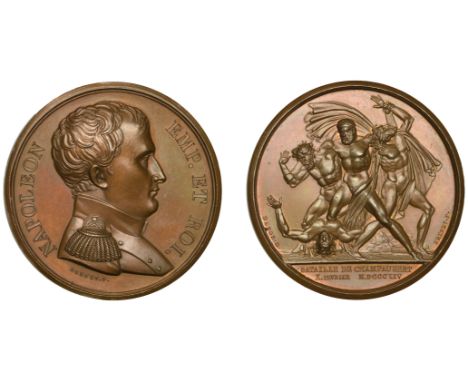 Battle of Champaubert, 1814, a copper medal by N.G.A. Brenet, bust of Napoleon in military uniform right, rev. Hercules fight