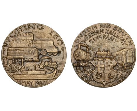 150th Anniversary of the London and Southern Railway Company, 1988, a cast bronze medal by R. Dutton, two trains flanking qua