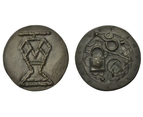 Haec Ubi Regnant [Where These Rule], 1990, a cast bronze medal by D. Chandler for BAMS, etching of a vase-face with lid, rev.