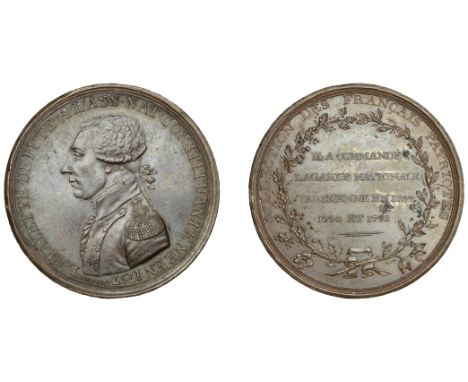 Marquis de Lafayette, 1791, a copper medal by R. Dumarest, bust left, rev. legend within wreath, citing tenure as Commandant 