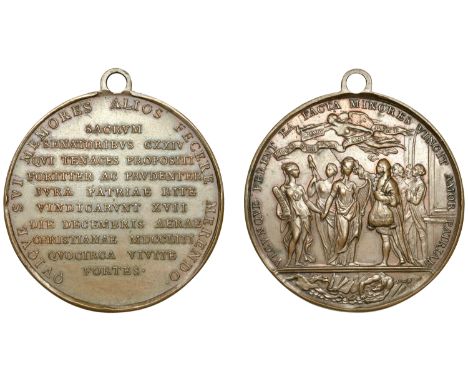 Irish Surplus Revenue Dispute, 1753, a copper medal, unsigned, Speaker [Henry Boyle] places Liberty cap on the head of Hibern