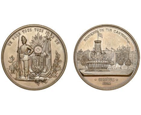 SWITZERLAND, Geneva Shooting Festival, 1882, a bronze medal by C. Richard, cityscape, rev. soldier standing, Cantonal shield 