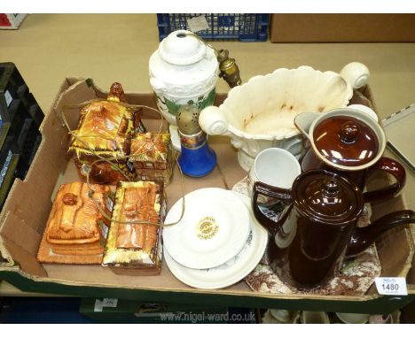 A quantity of china to include Country Cottages, teapot, cheese dome and butter dish, plus Wedgwood table lamp, brown Denby t