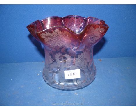 A Cranberry fluted glass light shade for an oil lamp, 7'' high x 8 1/4'' diameter.