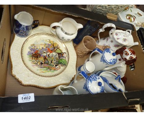 A quantity of mixed china including hand painted Staffordshire mantle spaniel, A royal Albert teapot, blue and white Grindley