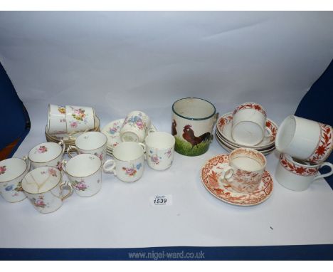 A quantity of small cups and saucers including Crown Derby and Hammersley, some a/f plus Wemyss mug painted with cockerels, (