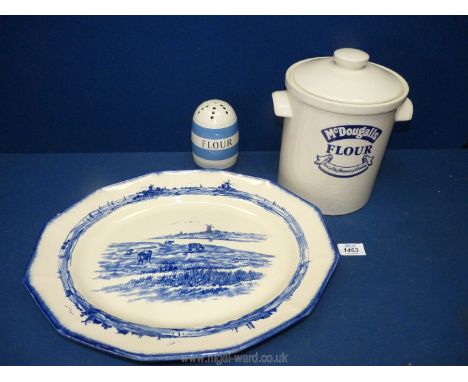 A blue and white meat plate (small chip), Cornish ware flour sifter and McDougalls lidded flour container.