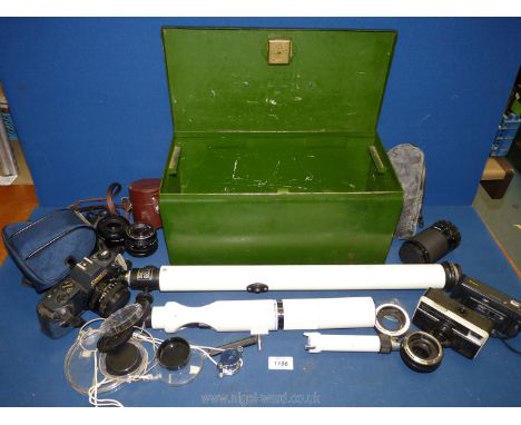 A small quantity of cameras, lenses, telescopes etc. including a cased Canon 750, Kodak Instamatic camera, Miranda 70-210mm l