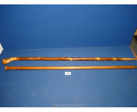 A walking cane with turned detail near the top and a rustic walking stick.