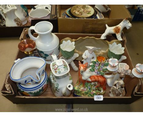 A Radford jug/ewer, a Dorset Woods &amp; Sons lidded coffee pot, a pair of bamboo legged vases a/f, a double candle holder, o