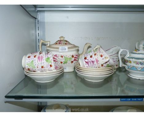 A Gaudy 'Welsh' style painted pink, orange and green part tea set including teapot, 8 saucers, 6 cups, jug, teapot etc., mult