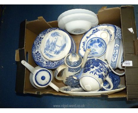 A quantity of blue and white china including Meakin bowls, Royal Doulton old Willow teapot, plus 2 similar (crack to handle) 