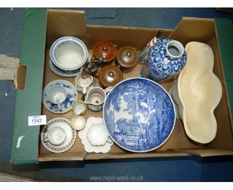 A quantity of china to include Spode blue and white bowl, small cups and saucers, Royal Worcester brown lidded pots with hand