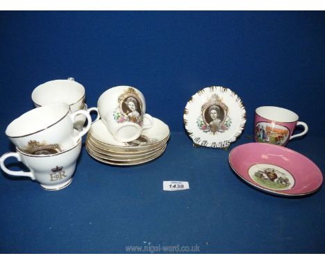 Five Liverpool Road pottery china cups and saucers celebrating the silver jubilee plus a plaque and a pink welsh teacup and s