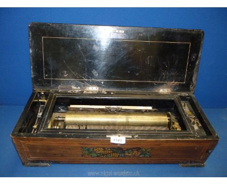 A 'New Polyphon Supply &amp; Co.' music Box with parquetry to lid and front of box, a/f., 23" wide x 9" diameter x 6" high.
