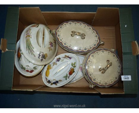 Two oval Worcester ''Evesham'' lidded tureens, plus an oval dish and spare tureen lid and two Royal Doulton tureens in 'Apsle