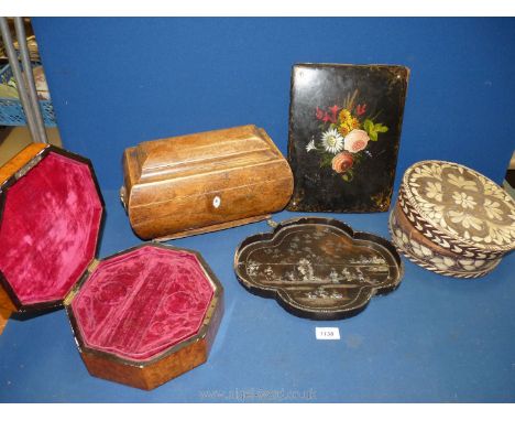 A quantity of miscellaneous boxes and trays including well worn tea caddy, missing foot, bowl and box inside, an octagonal  d