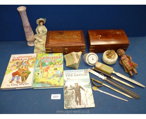 A quantity of miscellaneous to include two wood boxes with brass inlay (one with elephants), onyx pen holder, lighter, thermo