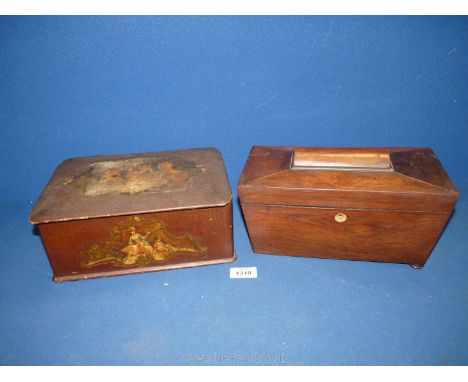 An old wooden tea caddy a/f and another old box with broken hinges, highly decorated with transfer pictures.