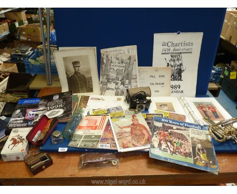 A quantity of miscellanea including old OS maps, Pill-box calendars, 'Classics Illustrated' magazines, part of a brass musica