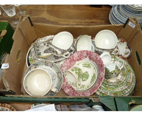 A quantity of china to include Copeland Spode plates, Masons, Wood and Son bowl, 6 Wedgwood soup bowls, oversize Adams Farmer