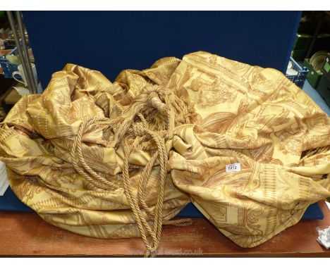 A pair of gold coloured curtains with classical scenes, lined with tie backs, 8' 4" drop x 8' wide approx.