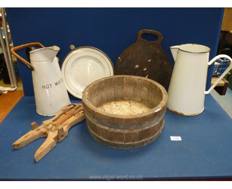 A quantity of miscellanea to include two large enamel water jugs, one with bamboo handle, china and metal food warmer, wooden