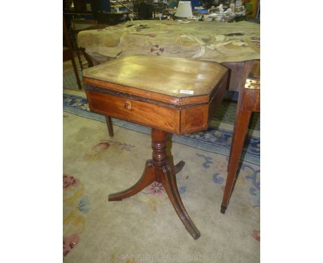 An unusual 19th c. Mahogany &amp; other woods hinged lidded Occasional Table, the hinged lid with cross-banding and light and