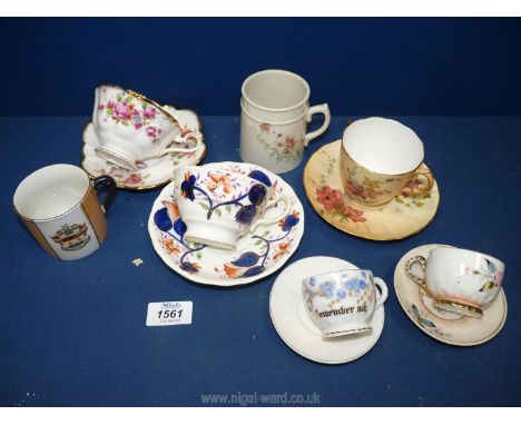 A Royal Worcester cup and saucer (chip to cup) plus a Royal Albert cup and saucer, two miniature cups and saucers, a Barry Is