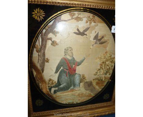 An embroidery of a kneeling man embroidered in a blue gown with pink sash calling birds to him, (birds in brown) face, hands,