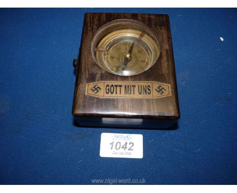 A brass Compass in wooden box with heraldic brass plaque inscribed 'Gott Mit Uns' (God with us.)