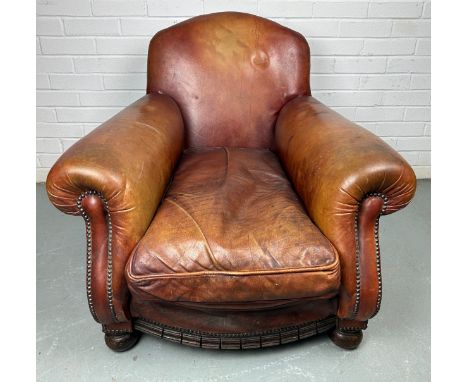 A LARGE ART DECO TAN LEATHER CLUB CHAIR, 85cm x 75cm x 75cm 