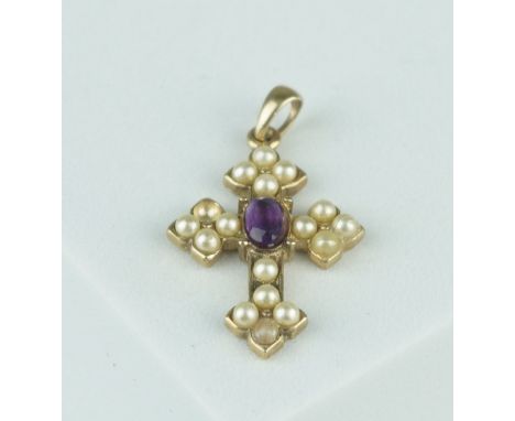 A 9CT GOLD PENDANT SET WITH AMETHYST AND SEED PEARLS, Weight: 1.8gms Cross 25mm x 20mm