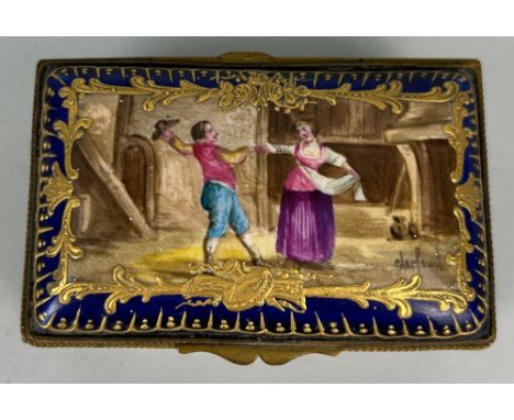 A 19TH CENTURY SEVRES PORCELAIN TRINKET BOX, 9cm x 5.5cm x 3.5cm With central painted panel to lid depicting a gentleman and 