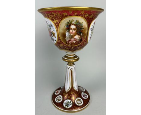 A 19TH CENTURY BOHEMIAN GLASS PEDESTAL VASE WITH PORTRAIT OF A LADY,, 33cm H 