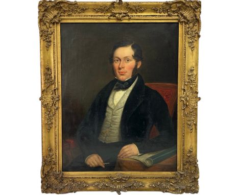 POSSIBLE DARWIN INTEREST: AN OIL ON CANVAS PAINTING OF A GENTLEMAN BESIDES A MAP LABELLED 'DEL FUEGO', The seated gentleman i