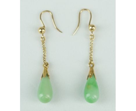A PAIR OF JADE DROP EARRINGS WITH 18CT GOLD MOUNTS AND POSTS (2) Weight: 4.5gms Drop: 40mm each.