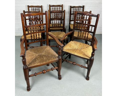 A SET OF EIGHT COUNTRY HOUSE BOBBIN SPINDLE BACK CHAIRS WITH RUSH SEATS PROBABLY NORTH COUNTRY, Late 18th or early 19th Centu