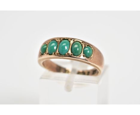 A 9CT GOLD FIVE STONE RING, set with five graduated oval cabochon turquoise, to a plain polished band, with a 9ct hallmark fo