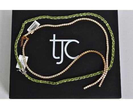 TWO NECKLACES, to include a line necklace set with oval cut peridots with lobster claw clasp, with a silver hallmark for Shef